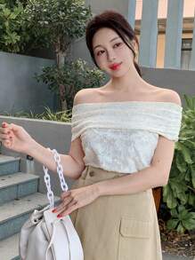 DAZY Women Off Shoulder Fitted One-Shoulder Short Sleeve Solid Color T-Shirt, Spring/Summer - White - View 1