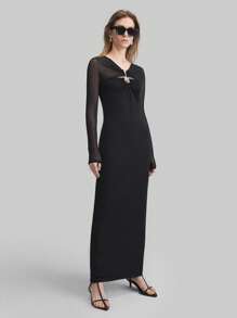 Ontre Vestido de mujer sin mangas con corte calado y cinturón, vestido urbano negro elegante, cómodo y de corte ceñido