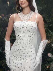 SHEIN Belle 女士水钻花卉吊带连衣裙，适合婚礼和其他服装 - 白色 - 查看 6