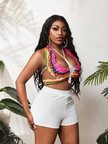 SHEIN BamGlam 女士撞色系带无袖针织短款上衣 - 彩色 - 查看 4
