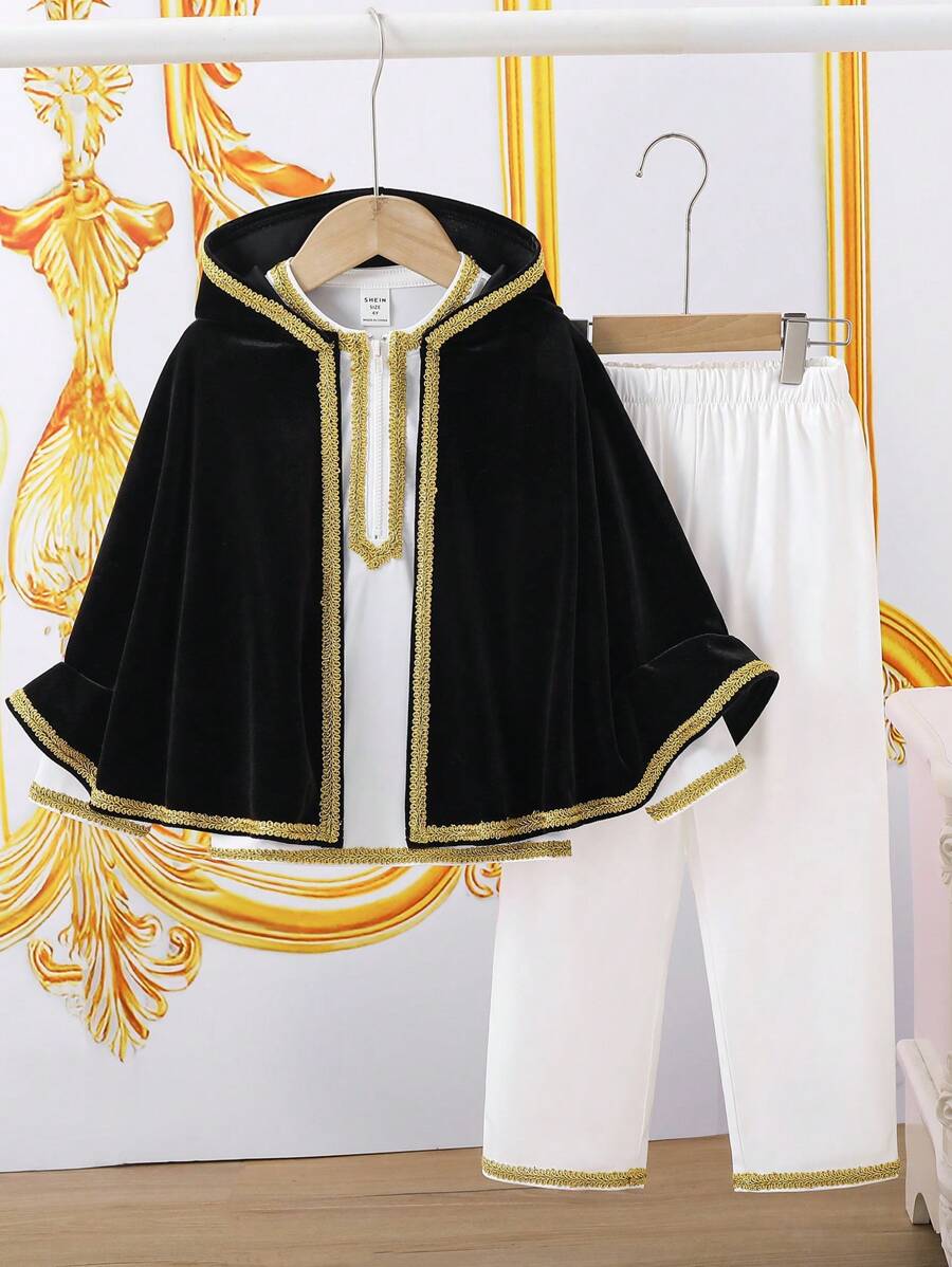 SHEIN Leap Crew 3pcs/Set Young Boys Loose Casual Geometric Pattern Hooded Shirt With Flared Tassel Shawl And Pants, Suitable For Kids Outfits, Back To School, Birthday Parties, Evening Events, Performances, Weddings, Baptisms, School Commencements. Suitable For Daily Wear, School, Travel, Sports And Styles, Spring And Summer - Black and White - View 1