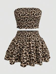 Sweetra 2pcs Set: Leopard Print Bandeau Top & Leopard Print Skirt - Multicolor - View 1
