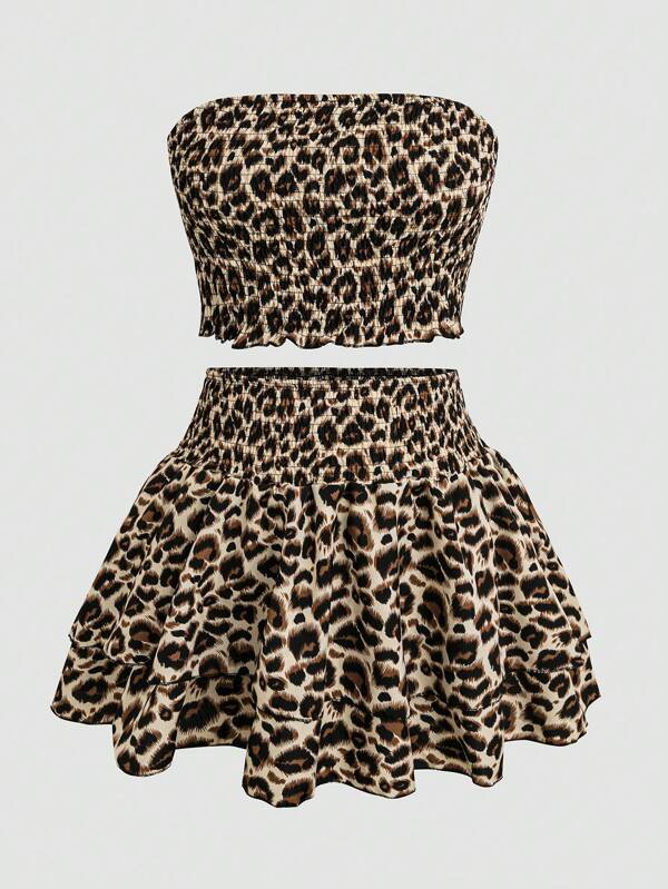 Sweetra Set 2 buc: Bandeau Top cu imprimeu leopard și Fusta cu imprimeu leopard