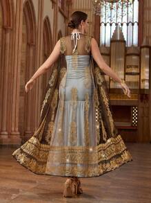 Al Najma 女式拼布丝带和网眼无袖外套和挂脖连衣裙阿拉伯风格套装 - 彩色 - 查看 2