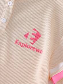 SHEIN Explorewe 2pcs Young Girl Casual Daily Short Sleeve Polo Shirt And Long Pants Set - Apricot - View 4