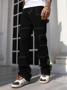 ROMWE MEN Street Life Men's Punk Color Block Stitching Flare Leg Jeans