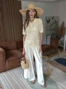 SHEIN Unity 柔软舒适小众褶皱设计女士休闲宽松高端优雅百搭阔腿裤 - 白色 - 查看 3