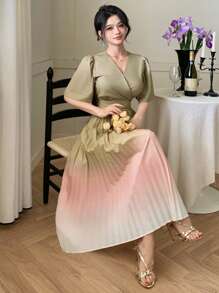 DAZY V-Neck Ombre Ruffle Waist Midi Dress For Women - Yellow - View 9