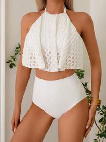 SHEIN Swim 女士两件套夏季海滩度假装，白色镂空上衣和高腰下装比基尼套装 - 白色 - 查看 1