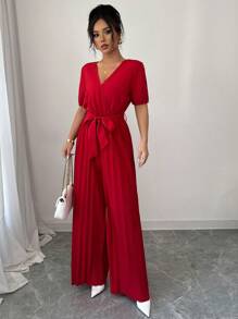 Elenzga New Puff Sleeve Short Sleeve Tied Cinched Waist Long Wide Leg Jumpsuit For Women