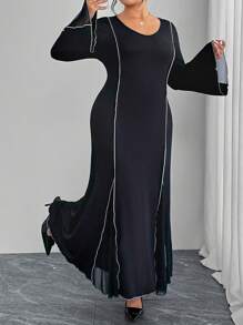 Modelyn Plus Size Elegant Contrast Color Trim Bell Sleeve Midi Dress