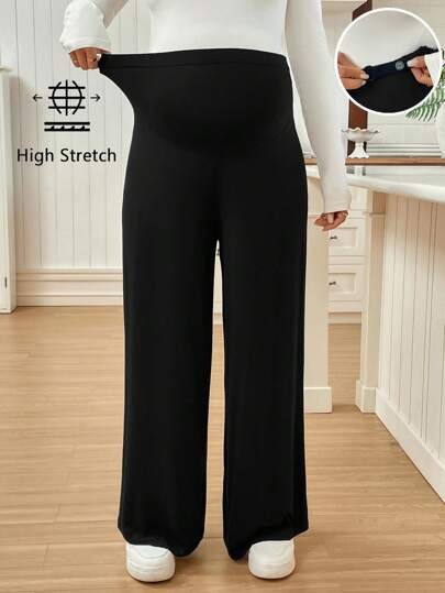 SHEIN Adjustable Waist Wide Leg Pants, Solid Color Maternity Trousers