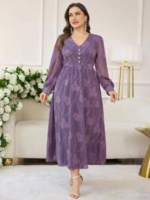 Modelyn Simple Romantic Chiffon Cut-Out V-Neck Lantern Sleeve A-Line Plus Size Casual Dress For Spring/Summer - Purple - View 7