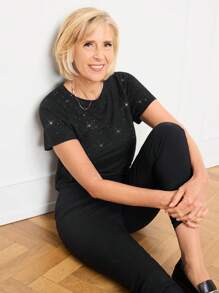 SHEIN LUNE Women's Elegant Party Black Sequin Round Neck Short Sleeve T-Shirt, Spring/Summer