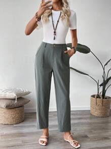 EMERY ROSE Women Solid Color Pleated Straight Leg Casual Pants - Green - View 6