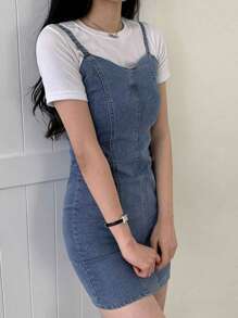 DAZY Women's Stretchy Denim Mini Wrap Dress, Spring/Summer Sundress - Dark Wash - View 1