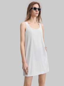 Ontre Women Solid Color Ribbed Mini Dress With Open Back Design, Simple & Elegant Urban Style, Sleeveless Short Dress, White, Spring/Summer - White - View 3