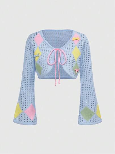 Kawaii Cute Bowknot Short Lightweight Open Front Hollow Out Knitted Cardigan