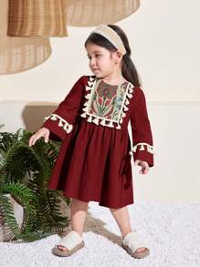 SHEIN 女婴可爱碎花流苏长袖连衣裙，适合春夏度假穿着 - 紅色 - 查看 4