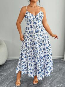 Elenzga Plus Size Elegant Ditsy Floral Lace-Up Backless Cami Dress - Blue and White - View 3