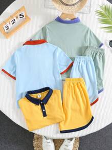 6pcs/Set Young Boys Casual College Contrast Color Block Short Sleeve Polo Shirt & Shorts Set, Multi-Pack, Suitable For Spring/Summer, Outdoor, School, Street, Party, Home, High Cost-Effectiveness