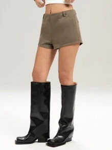 LYSMO Casual Minimalist Solid Color Low Waist Shorts - Olive Green - View 3