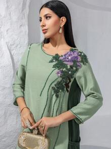 Layrah Elegant Handmade Beaded Embroidery Comfortable Dress, Arabian Dresses,Modest - Green - View 2