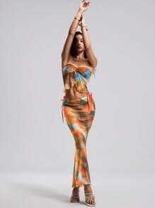 Swim EVENT 2pcs Set Women Summer Beach Party Tie-Dye Cropped Bustier Top And Mermaid Hem Skirt Cover Up Set (Purchased Copyright) - Multicolor - View 5