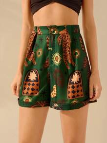 CAJUNI 女士 A 字波西米亚风热带豹纹、椰子树、蛇纹植物印花休闲海滩度假绿色阔腿短裤，夏季 - 彩色 - 查看 5