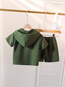 2pcs/Set Young Boy Casual Letter Printed Hooded Short Sleeve T-Shirt And Shorts Set, Summer