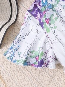 SHEIN Tween Girl Digital Floral Print Ruffle Hem Pleated Elegant Dress, With Short Sleeves, Ruffle Collar & Waist Belt,Holiday,Summer,Travel - White - View 4