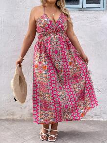 SHEIN VCAY Vestido casual con cuello de halter con nudo delantero y estampado floral para mujer de talla grande para vacaciones