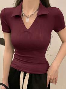 DAZY 女式罗纹简约修身 Polo 领短袖 T 恤夏季