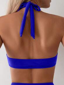 SHEIN Swim Women's Cutout Fashionable Sapphire Blue Crisscross Halter Sexy Bikini Top, For Summer Beach Vacation