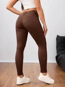 SHEIN Tall Women's Plain Simple Jeans, Fashionable For Summer - Coffee Brown - View 2