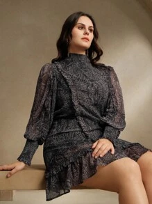 Anewsta 女式大码编织金银丝透视雪纺时尚印花袖领荷叶边黑色优雅长袖连衣裙波西米亚风，女士春季服装 - 黑色 - 查看 6