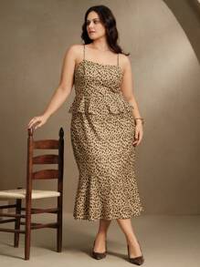 Anewsta 女式大码荷叶边吊带背心豹纹卡其色吊带背心连衣裙夏季女装 - 卡其色 - 查看 5