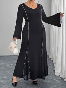 Modelyn Plus Size Elegant Contrast Color Trim Bell Sleeve Midi Dress