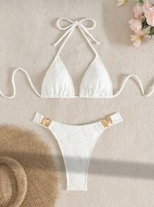 SHEIN Swim 2 chiếc vỏ kim loại trang trí chi tiết đan dây mảnh gợi cảm thanh lịch bikini đồ bơi, thích hợp cho buổi tiệc đi chơi ngày lễ mùa hè - Nhiều màu - Xem 6