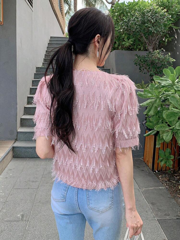 Textured Round Neck Puff Sleeve Button-Up Women Casual Shirt Vacation Outfits Women