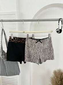 SHEIN LUNE Multiple Pieces Leopard Short Sleeve Top And Leggings Set, Leopard Print Splice Design Activewear Home Shorts For Summer - Multicolor - View 1