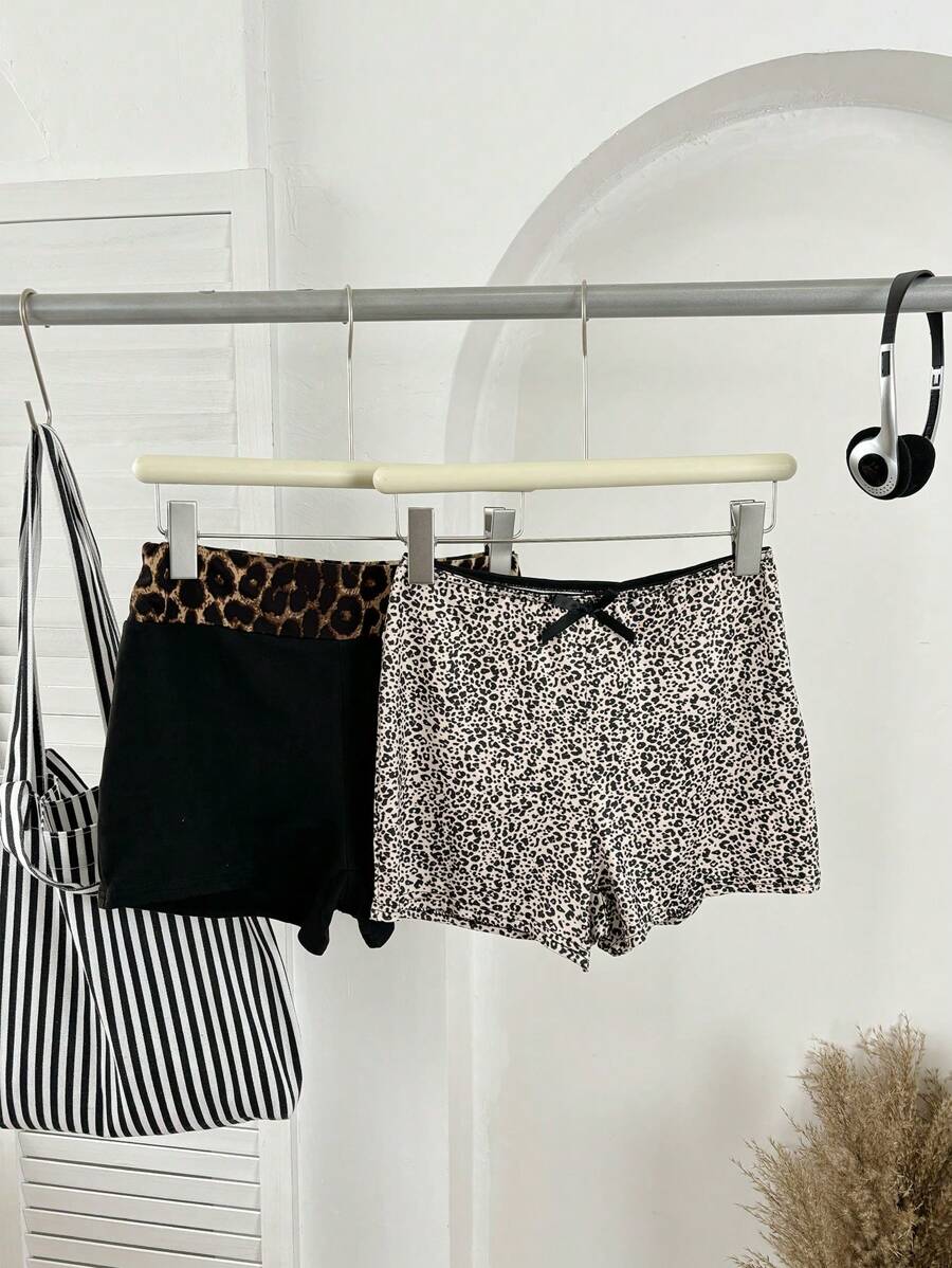 SHEIN LUNE Multiple Pieces Leopard Short Sleeve Top And Leggings Set, Leopard Print Splice Design Activewear Home Shorts For Summer - Multicolor - View 1