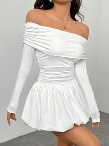 SHEIN PETITE Women's Solid One-Shoulder Long Sleeve Ruffle Hem Mini Dress For Spring & Autumn