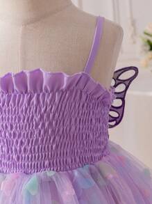 SHEIN 女婴 0-3 岁可爱 3D 蝴蝶彩色蝴蝶背面 3D 蝴蝶薄纱泡泡袖公主裙细肩带连体衣，春夏 - 紫色 - 查看 4