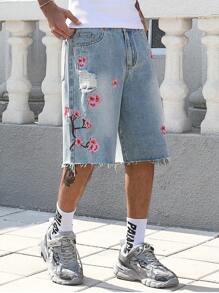 ROMWE MEN Street Life Summer Casual Men'S Floral Embroidery Loose Denim Shorts Jorts - Light Wash - View 6