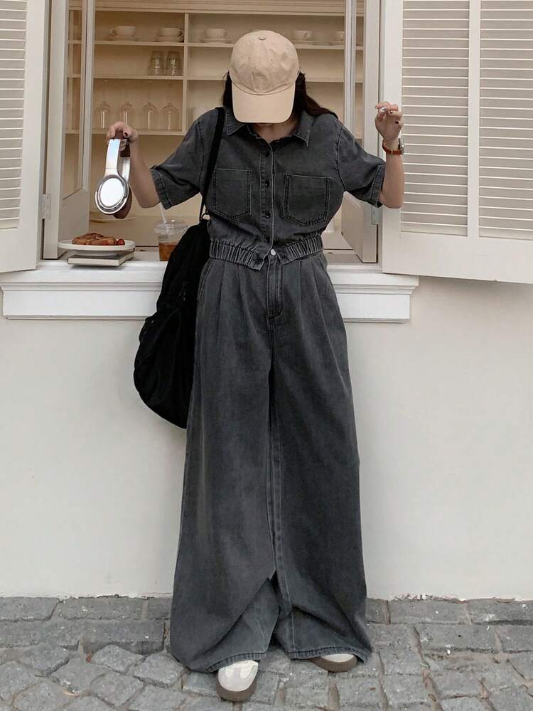 Women's Fashionable Washed Denim 2 Pieces Set, Jacket With Short Sleeve Top & High Waist Flared Jeans Pants, Spring Fall,Winter