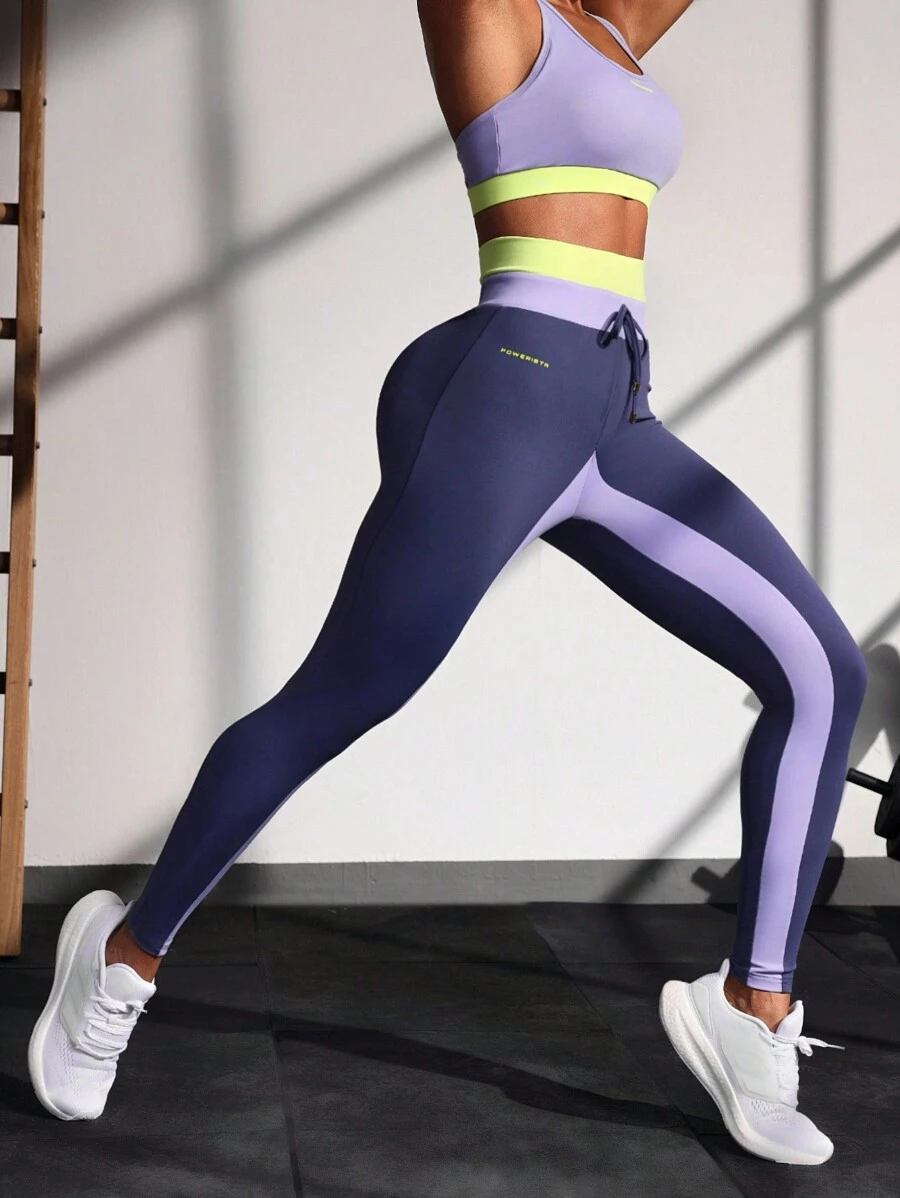 Powerista Damen Leggings mit Buchstaben-Muster, Farbblockdesign und Tunnelzug in der Taille für Fitness und Yoga
