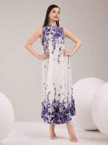 Modelyn 女士花卉印花褶皱无袖中长连衣裙，优雅 - 白色 - 查看 3