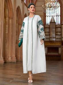 Al Najma Women's Elegant Banquet Green Jacquard Patchwork Sleeves,Gold Webbing Arabesque Coat,White Modest Robe Abaya For Spring,Valentine's Day - White - View 5