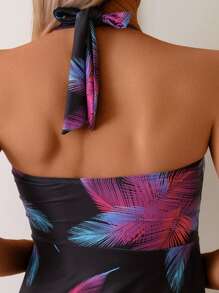SHEIN Set da 2 pezzi per vacanze al mare, top con scollo ad aletta e slip da bagno con coulisse e stampa casuale di piante tropicali, slip da bagno con taglio alto, set bikini da vacanza, per l estate